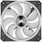 Un ventilateur d'ordinateur blanc à sept pales, monté dans un boîtier carré noir, affiche un logo gris distinctif au centre.