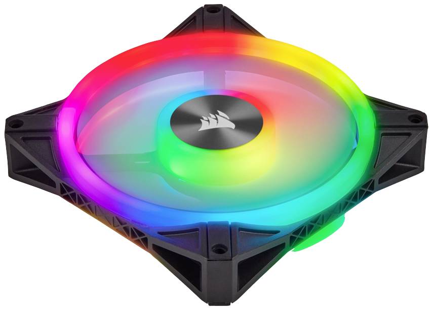 Ventilateur d'ordinateur avec un boîtier noir et des pales circulaires transparentes qui brillent dans des couleurs arc-en-ciel. Logo de marque au centre.