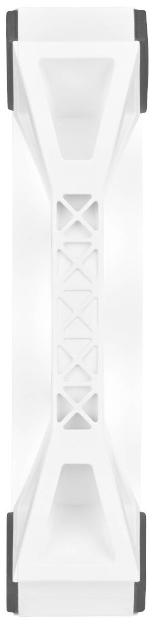 Appareil électronique blanc avec un cadre rectangulaire et quatre coins arrondis. Le design présente des renforts diagonaux et des extrémités noires.