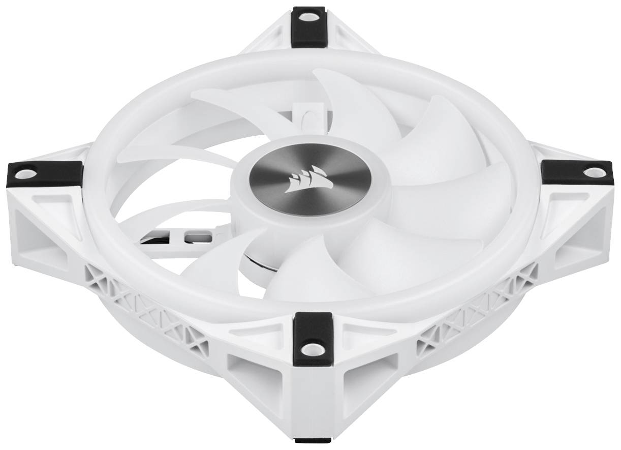 Un ventilateur de boîtier d'ordinateur blanc, de forme circulaire avec plusieurs pales, monté dans un cadre carré.