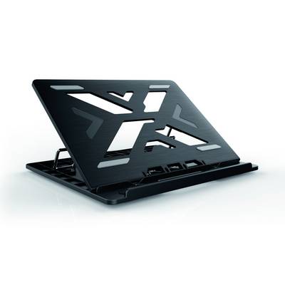 Un support pour ordinateur portable noir avec un angle réglable. Le design est géométrique et moderne, conçu pour soutenir un ordinateur portable.