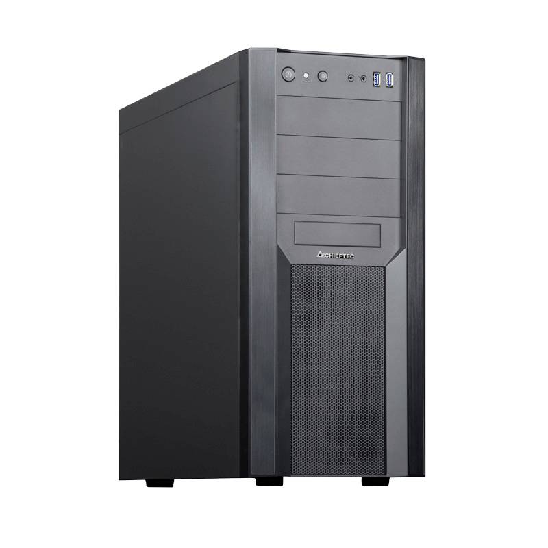 Un boîtier d'ordinateur noir avec plusieurs baies de lecteurs et des ports USB à l'avant. Design épuré et moderne.