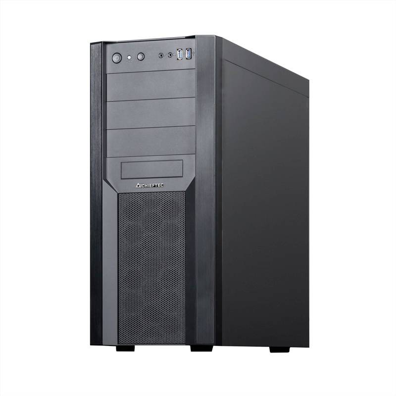 Boîtier d'ordinateur noir avec plusieurs baies de lecteurs et grille de ventilation à l'avant, deux ports USB et une prise audio en haut.