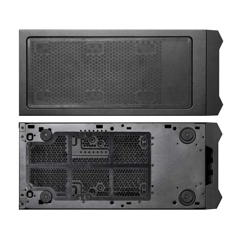 Deux vues d'un boîtier d'ordinateur, vues de dessus et de dessous. En haut, une grille est visible, en bas on peut voir des fentes de ventilation et des vis de fixation.