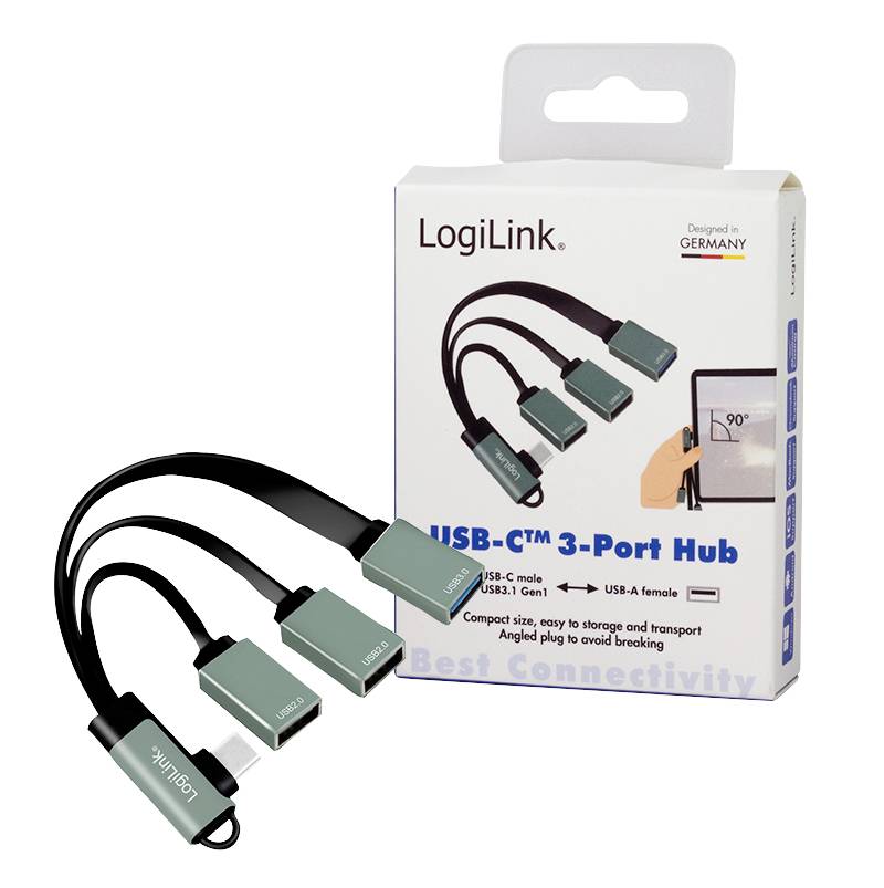Hub LogiLink USB-C à 3 ports avec un design compact, adapté pour un transport facile. Comprend trois ports pour étendre la connectivité.