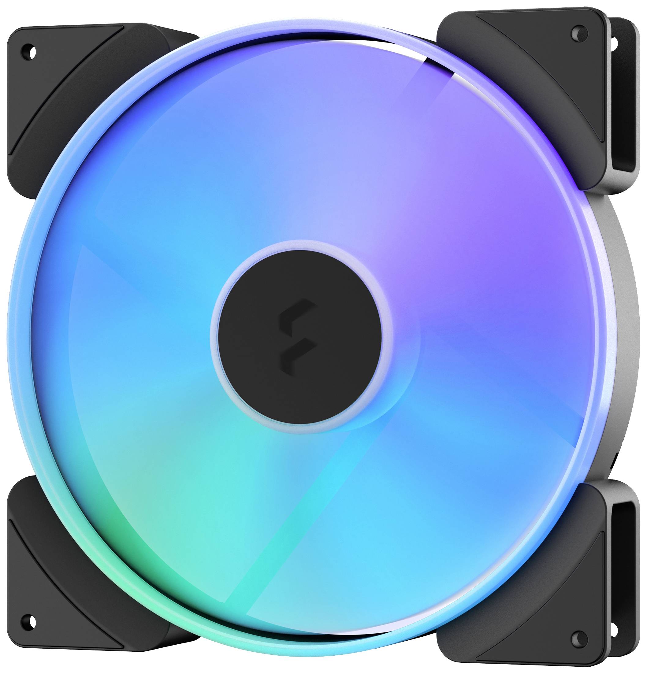 Un ventilateur d'ordinateur rond avec un éclairage RVB lumineux en tons de bleu et de vert, monté dans un cadre noir.