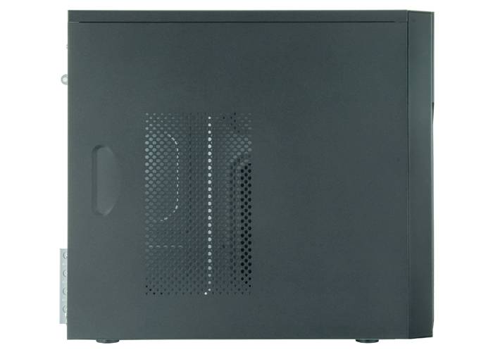 Boîtier d'ordinateur noir avec ventilation latérale, posé verticalement.