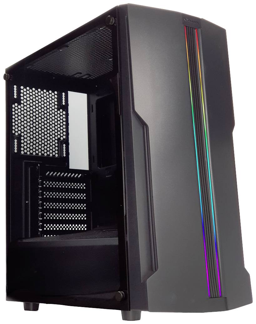 Boîtier d'ordinateur noir avec fenêtre latérale et bande lumineuse RGB verticale sur la façade.
