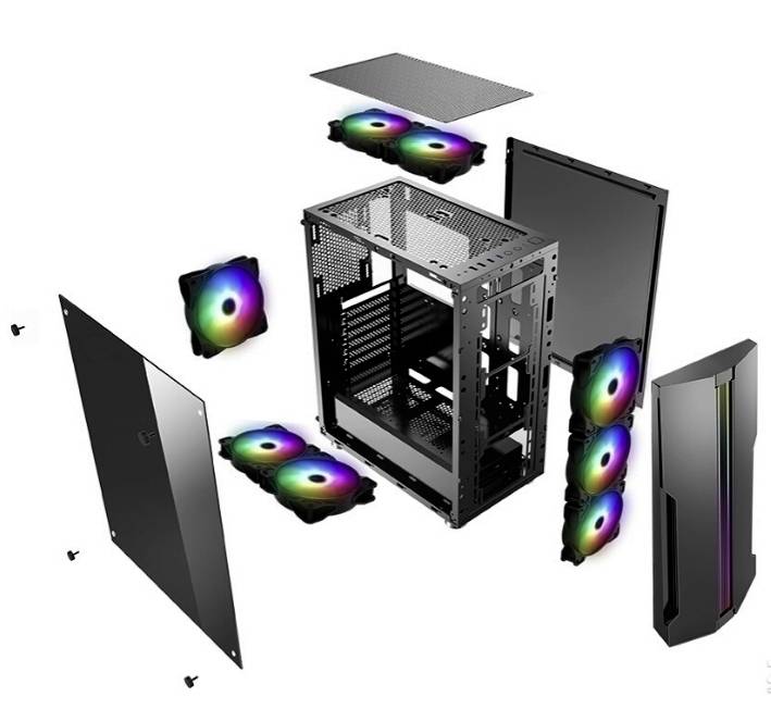 Vue éclatée d'un boîtier d'ordinateur avec des ventilateurs RGB, des panneaux latéraux transparents et des parties supérieures démontées.