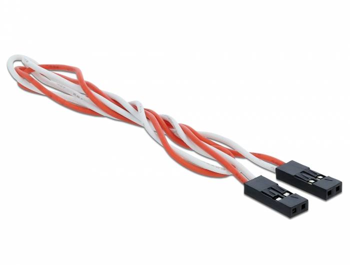 Deux câbles torsadés l'un à l'autre, l'un rouge, l'autre blanc, chacun muni d'une fiche noire à son extrémité. Convient pour les connexions électriques.