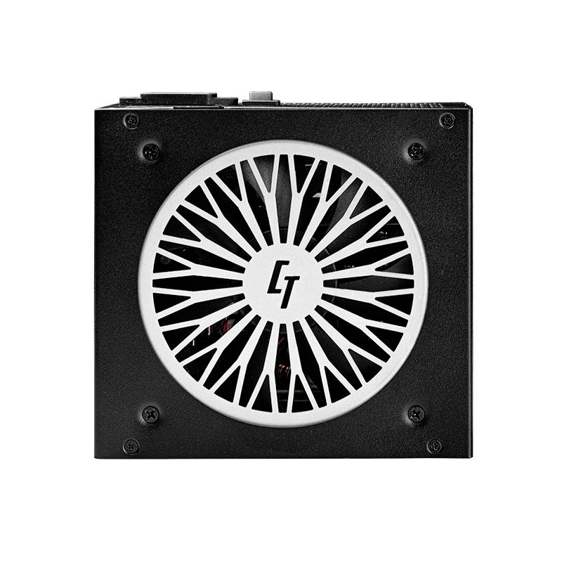 Bloc d'alimentation noir pour ordinateur avec un grand ventilateur au centre. Logo de marque avec les lettres 'CT' sur la grille du ventilateur.
