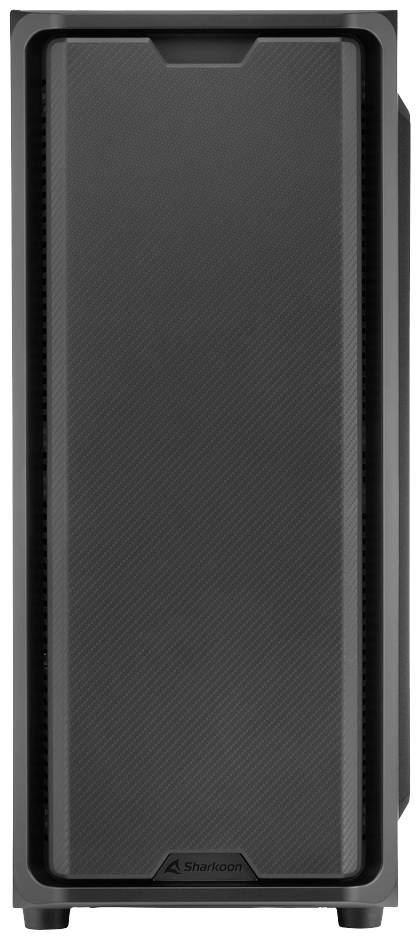 Un boîtier d'ordinateur noir vu de face, au design épuré avec des détails minimalistes, sans logos visibles ni éléments décoratifs.