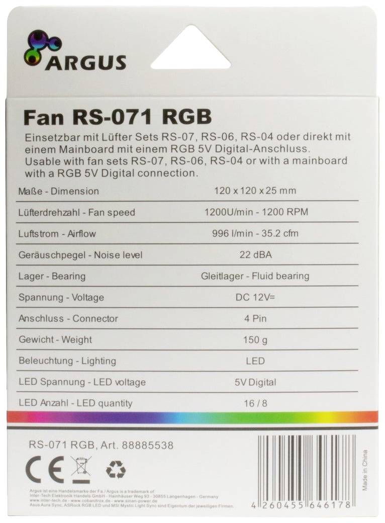 'ARGUS Fan RS-071 RGB : Compatible avec RS-07, RS-06, RS-04. Vitesse de rotation du ventilateur 1200 tr/min, 22 dB. Taille 120 mm. CC 12V. Connexion : RGB 5V.'
