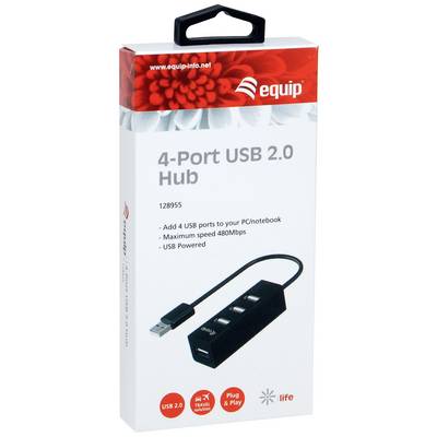 Emballage d'un hub USB 2.0 à 4 ports. Contient une image du hub, les spécifications techniques du produit et le logo de la marque. Vitesse maximale : 480 Mbps.