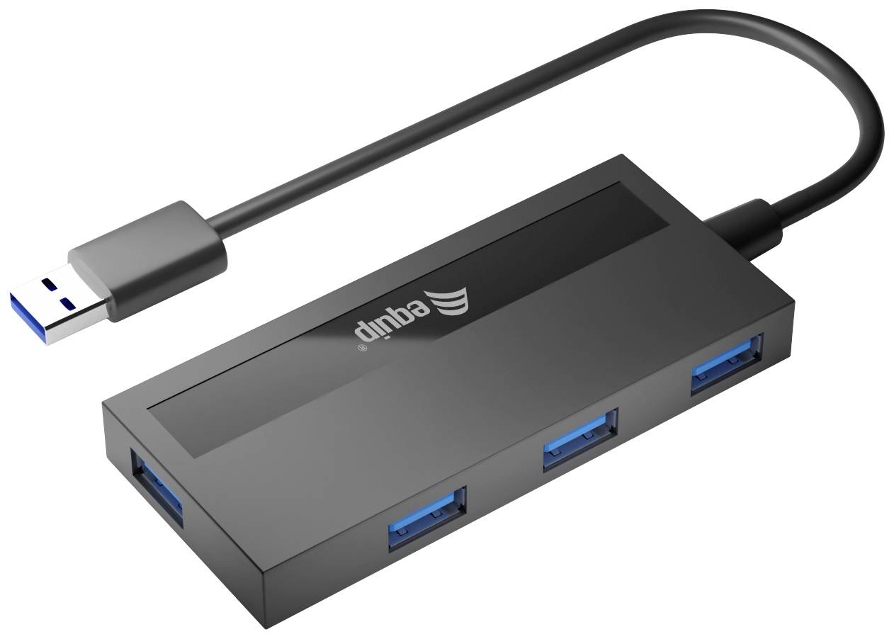 Hub USB avec quatre ports USB bleus et boîtier noir, adapté pour connecter plusieurs appareils.