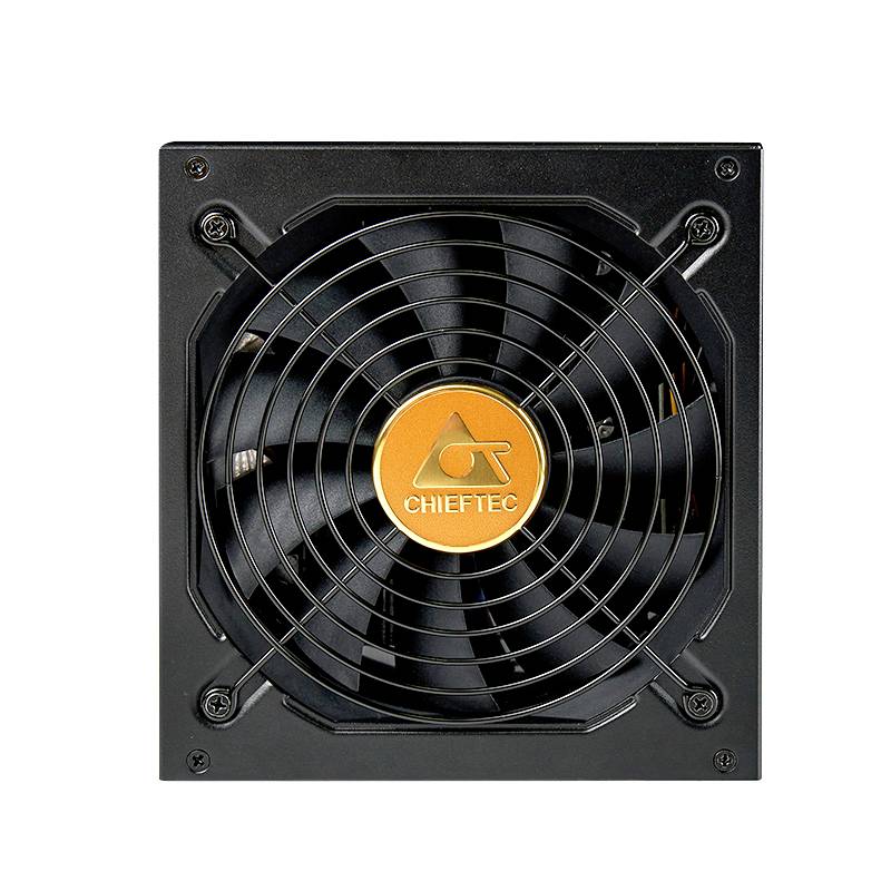 Bloc d'alimentation noir pour ordinateur avec un ventilateur au centre. Le logo 'CHIEFTEC' est centré sur un cercle orange.