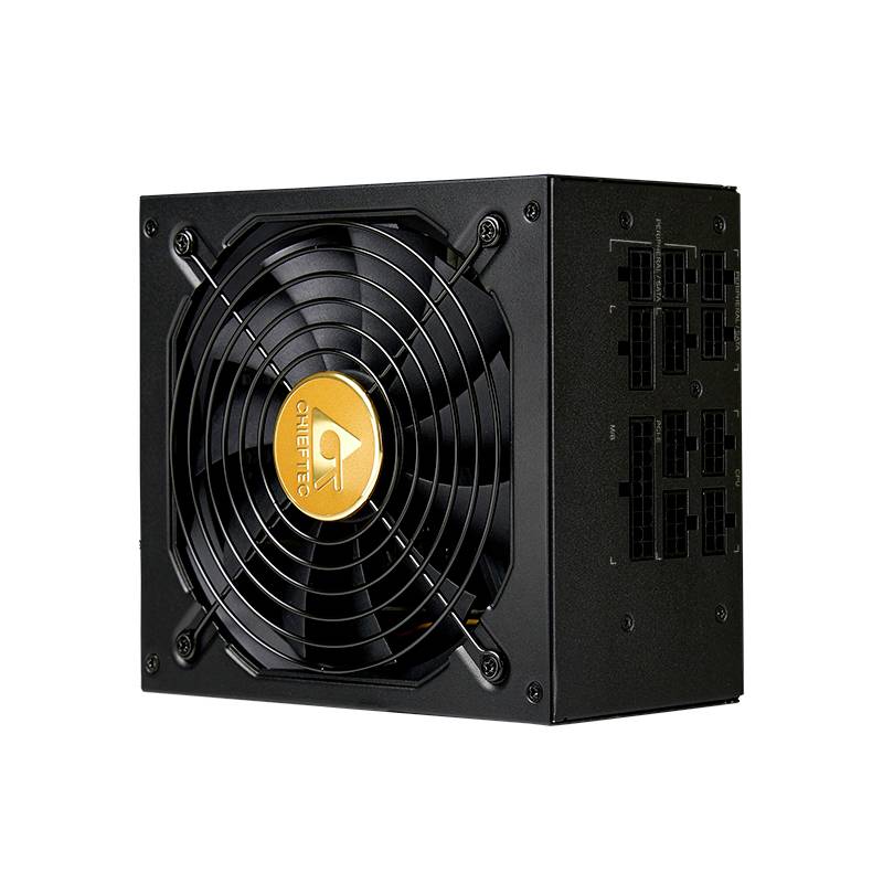 Bloc d'alimentation PC noir avec ventilateur et logo orange au centre. Plusieurs emplacements pour connexions de câbles sur le côté droit.