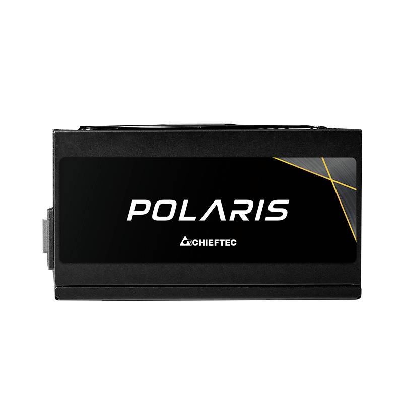 Bloc d'alimentation noir portant l'inscription « Polaris Chieftec ». Design élégant avec une étiquette minimaliste.