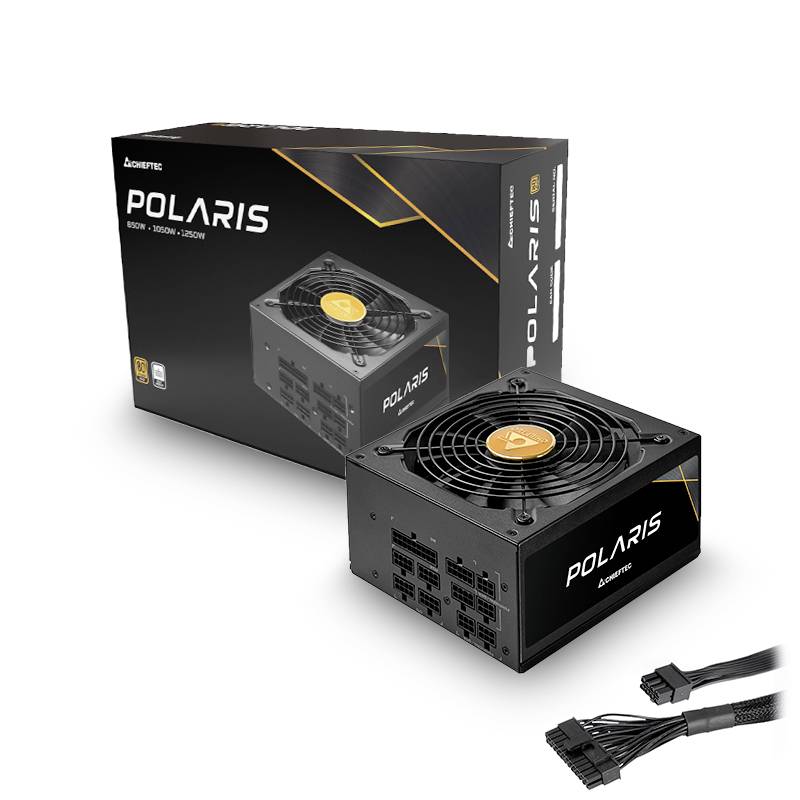 Un bloc d'alimentation pour ordinateur de la marque 'POLARIS' d'Aerocool avec un design modulaire. Les spécifications sont indiquées sur l'emballage.
