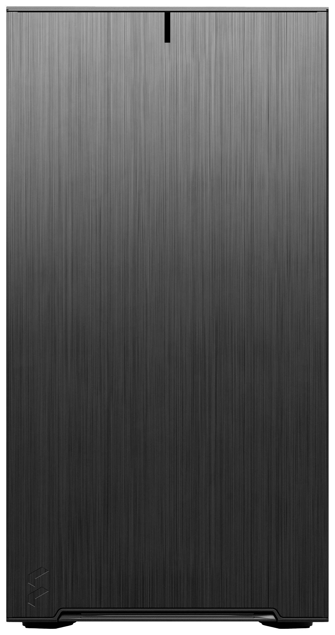 Un boîtier d'ordinateur noir avec un façade lisse, présentant un motif brossé vertical, sans logos ni boutons apparents.