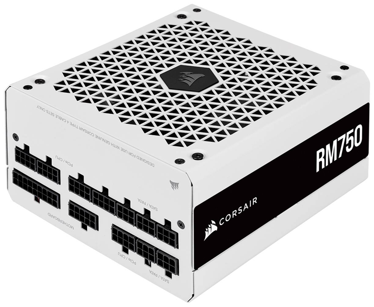 Un bloc d'alimentation blanc Corsair, modèle RM750, doté de plusieurs connexions pour la gestion des câbles, adapté aux ordinateurs haute performance.