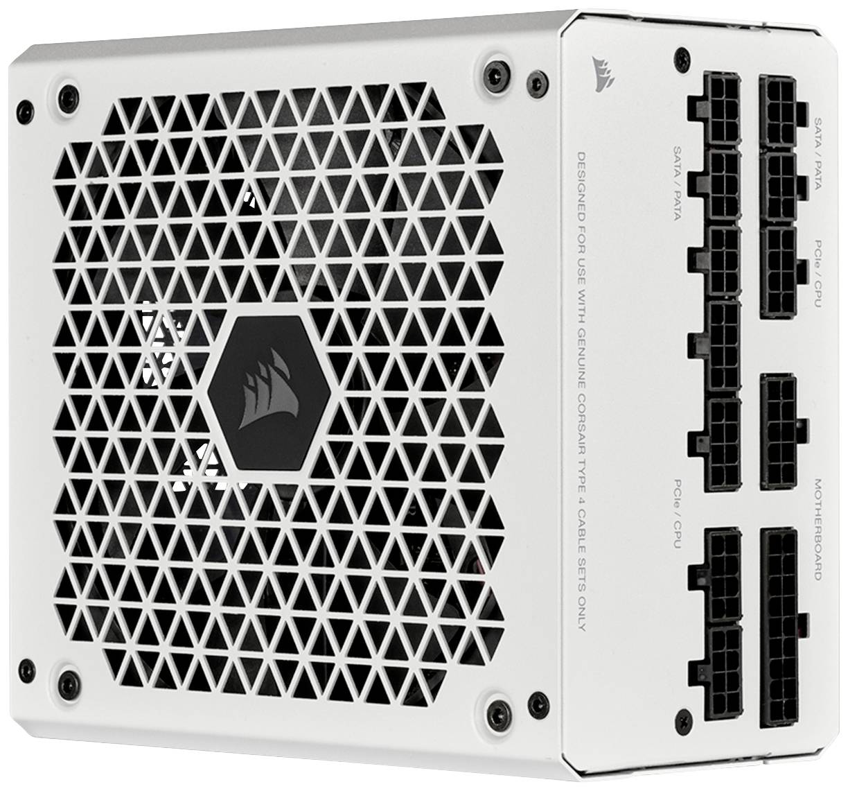 Bloc d'alimentation blanc pour ordinateur avec une grille de ventilation hexagonale et plusieurs ports sur le côté. Adapté aux systèmes haute performance.