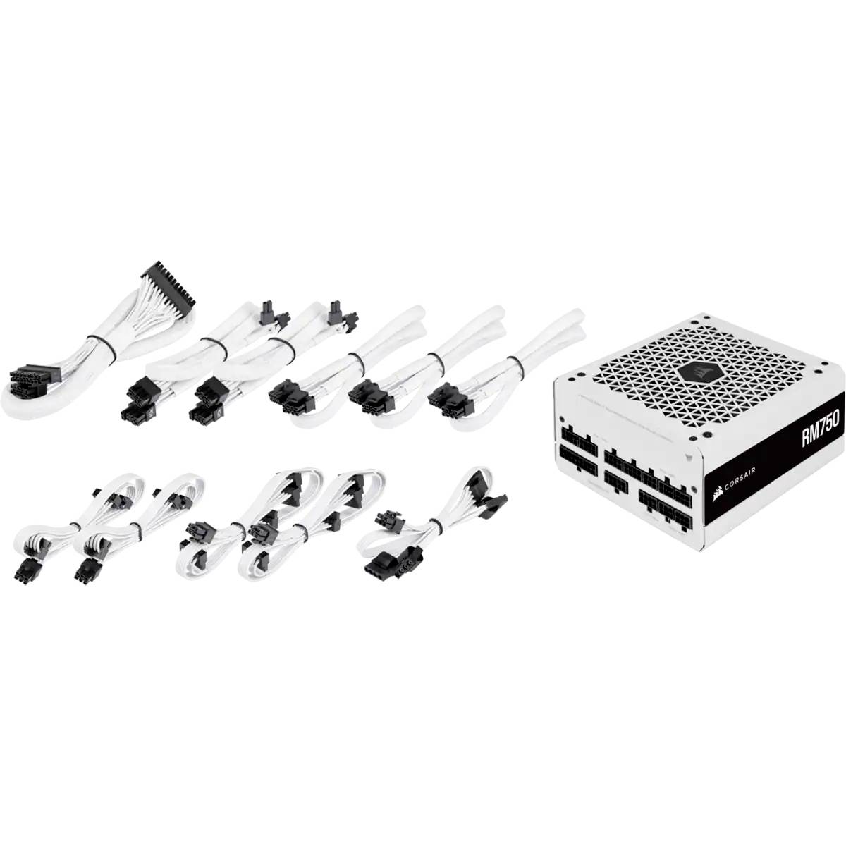 Un bloc d'alimentation blanc pour ordinateur avec des câbles amovibles est présenté, comprenant divers câbles de connexion pour les composants du PC.