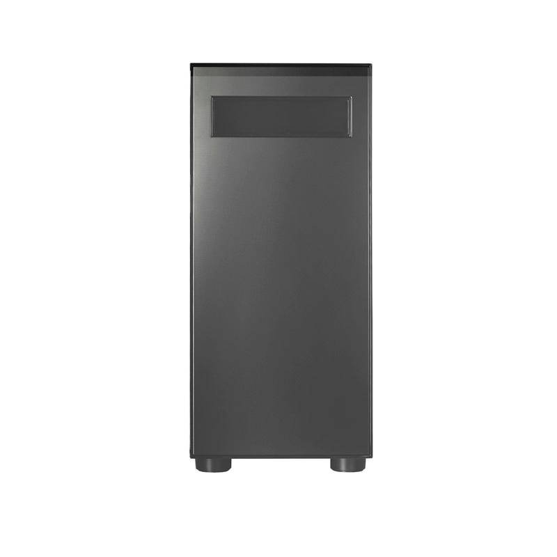 'Boîtier noir d'ordinateur avec une fenêtre rectangulaire en haut de la façade avant, aucun autre détail visible.'