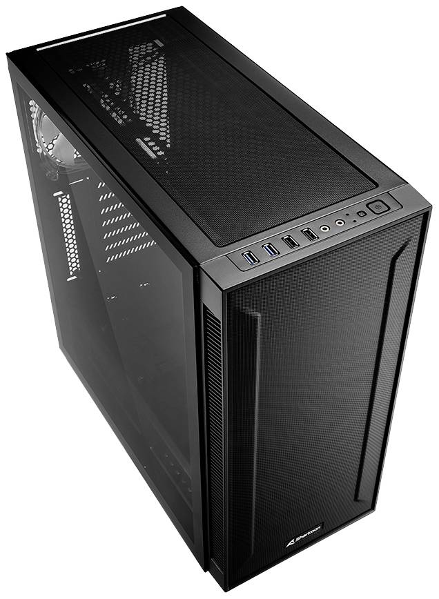 Boîtier d'ordinateur noir avec ports USB et bouton d'alimentation sur la façade supérieure. Il présente un design en grille pour une meilleure ventilation.