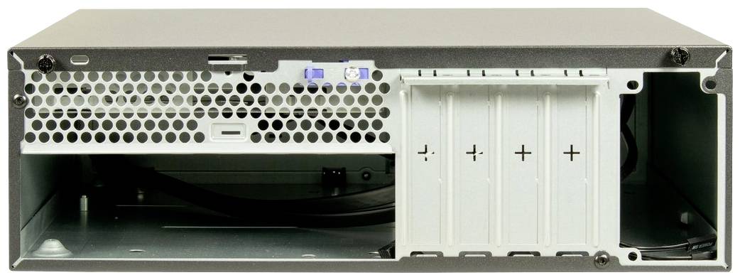 Un boîtier d'ordinateur ouvert vu de l'arrière, montrant quatre emplacements de disques durs vides et un motif de grille pour la ventilation.