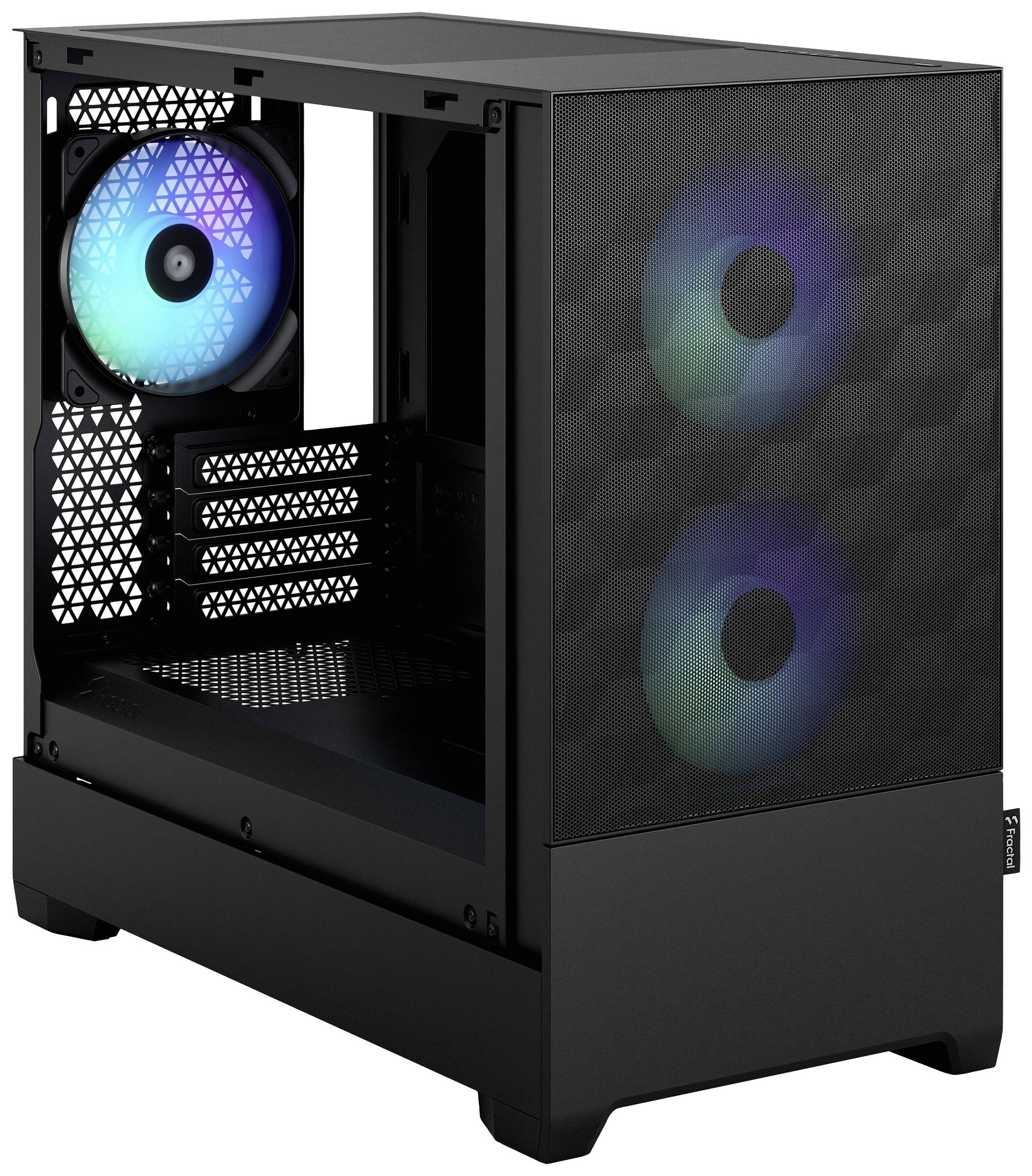Un boîtier d'ordinateur vide avec deux ventilateurs RGB à l'avant et un à l'arrière. Un panneau latéral transparent permet de voir l'espace intérieur pour les composants du PC.
