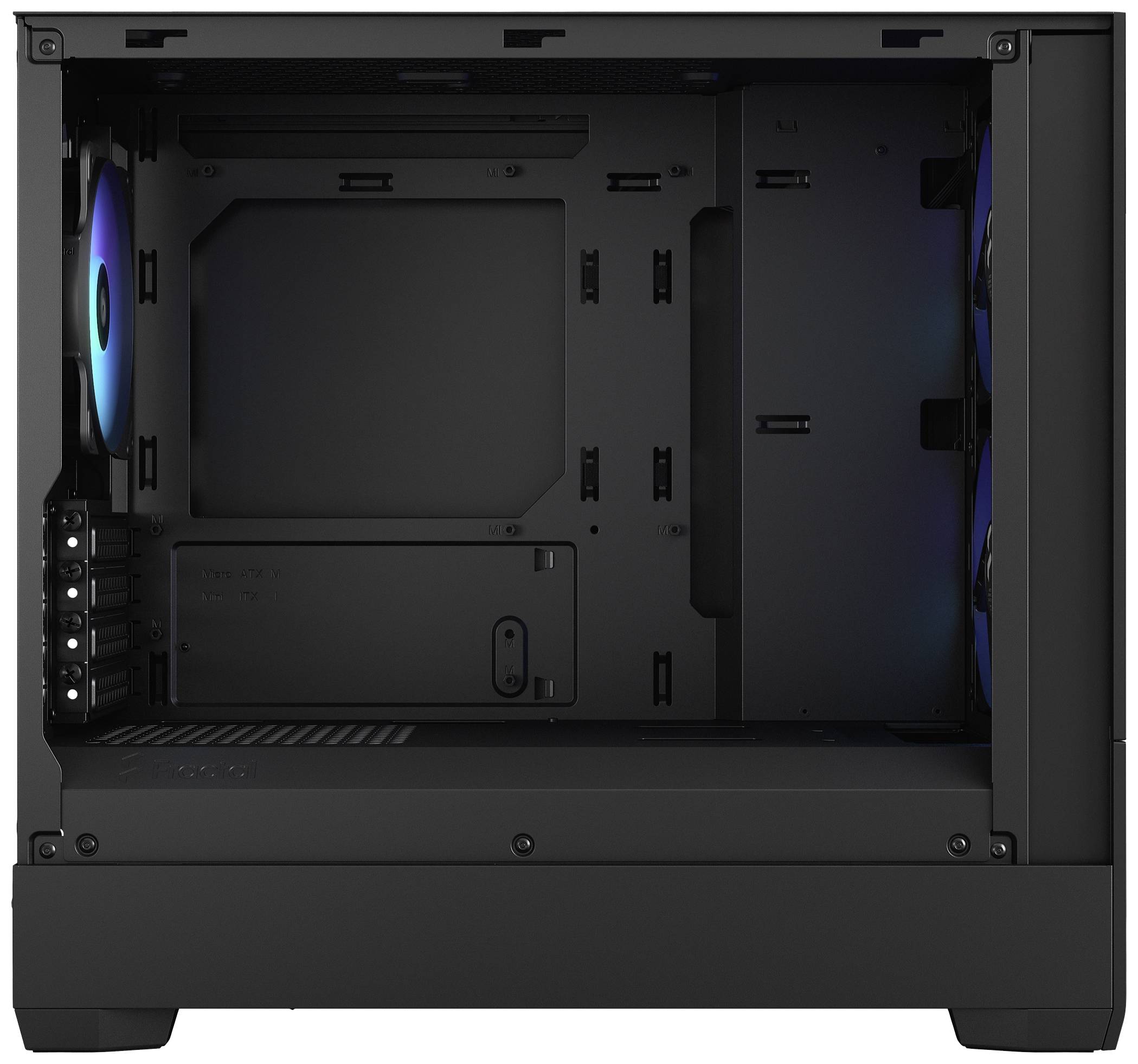 Un boîtier d'ordinateur noir vide avec des emplacements de ventilateurs visibles, sans matériel informatique installé. Idéal pour la construction personnalisée d'un PC.