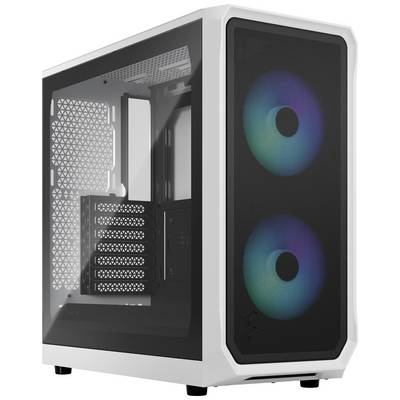Boîtier de PC gamer en blanc avec deux grands ventilateurs lumineux à l'avant. La fenêtre latérale offre une vue sur l'espace intérieur pour le montage des composants.