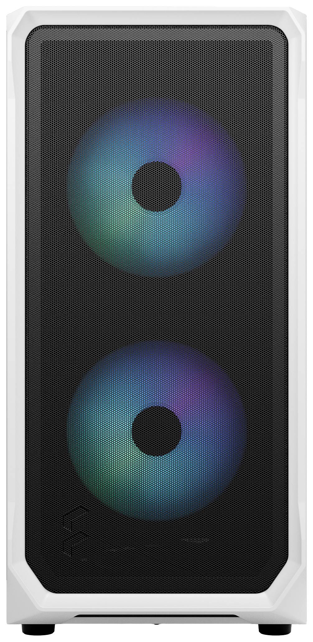 Un boîtier d'ordinateur blanc avec deux grands ventilateurs LED colorés à l'avant, émettant une lumière bleue et violette.