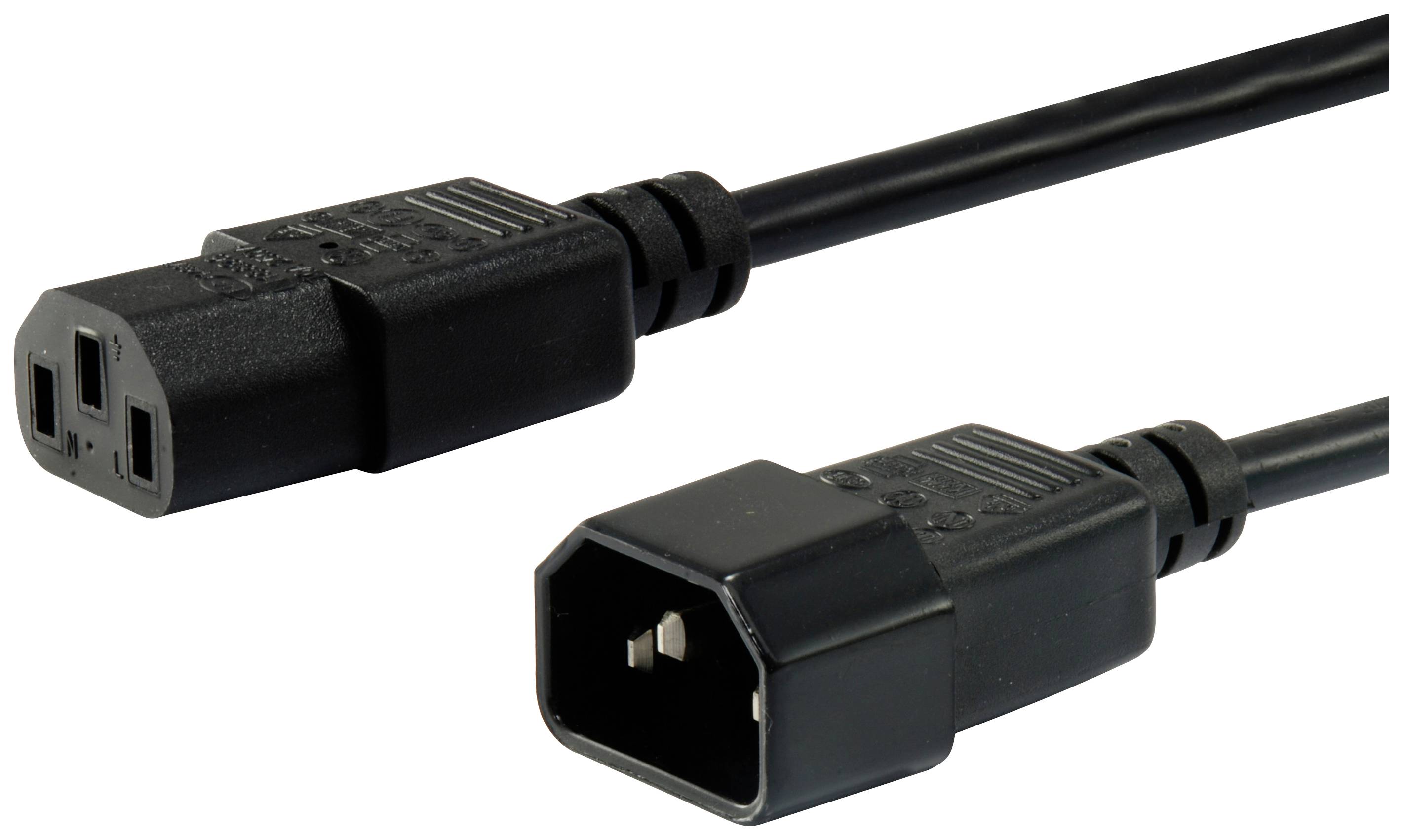 Câble d'alimentation noir avec deux types de connecteurs : à gauche une prise femelle IEC-C13 et à droite une fiche mâle IEC-C14. Idéal pour les alimentations d'ordinateurs.