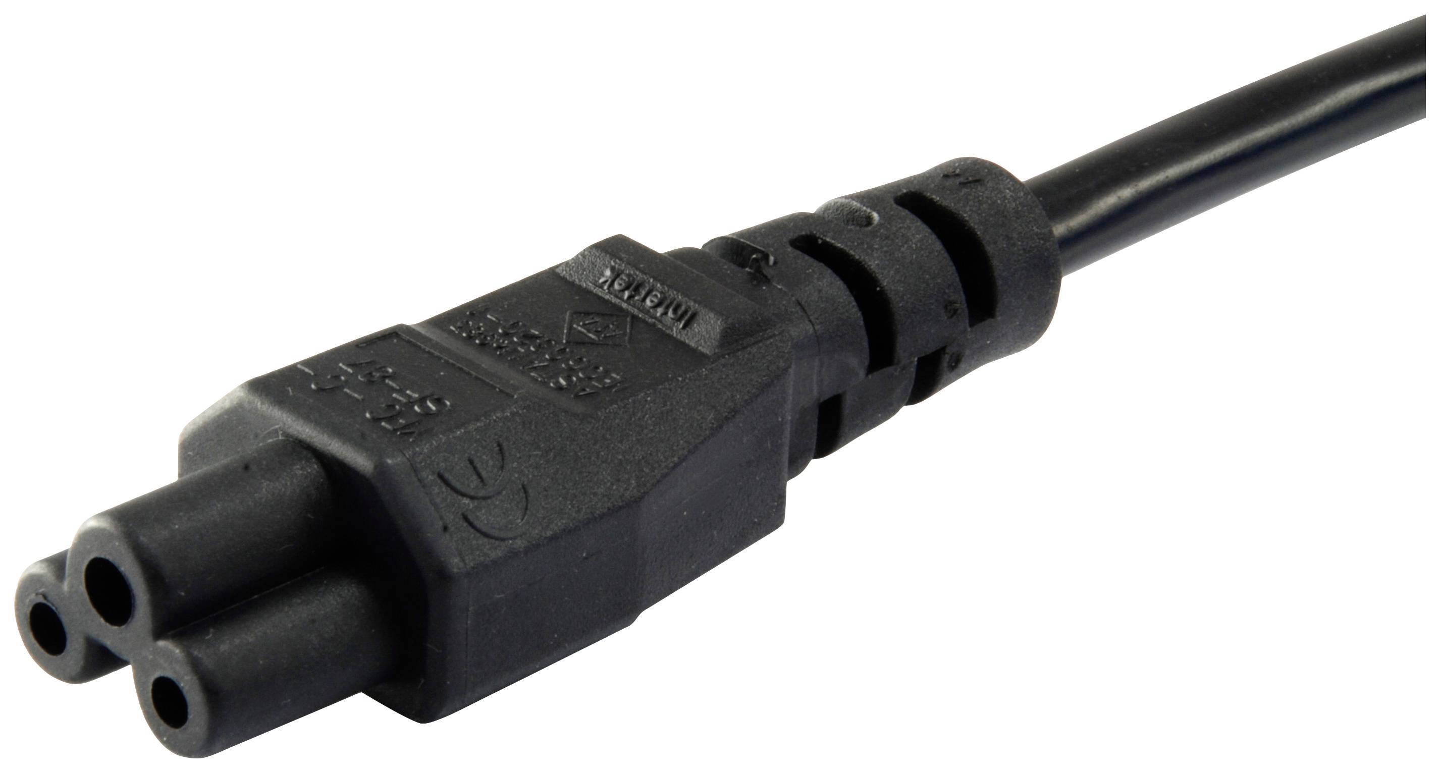 Câble réseau noir avec fiche IEC-60320-C5 tripolaire, couramment utilisé pour les ordinateurs portables.