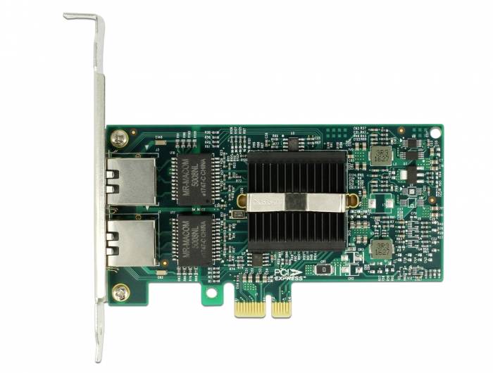 Une carte réseau avec deux ports Ethernet et un dispositif de refroidissement au centre, adaptée aux extensions de matériel informatique.