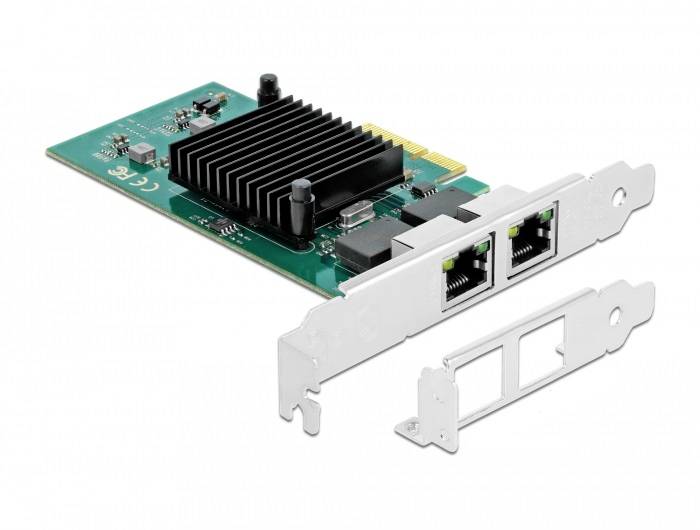 Carte réseau avec deux ports Ethernet, dissipateur thermique noir et carte de circuit imprimé verte, incluant un cache-poussière amovible.