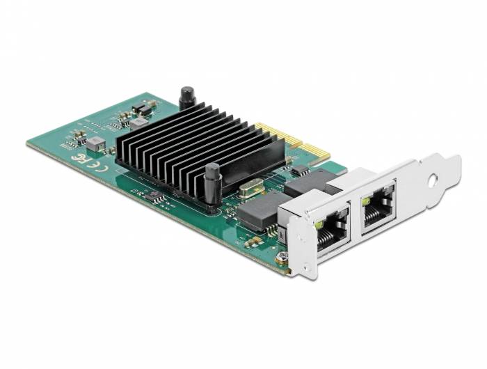 Une carte réseau dotée d'un double port Ethernet et d'un dissipateur thermique sur la carte mère, utilisée dans le matériel informatique.