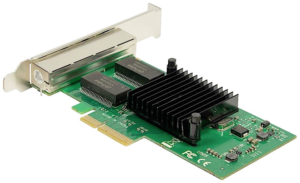 Carte réseau verte avec dissipateur thermique noir, connecteur PCIe et deux ports Ethernet, adaptée à l'installation dans un ordinateur.