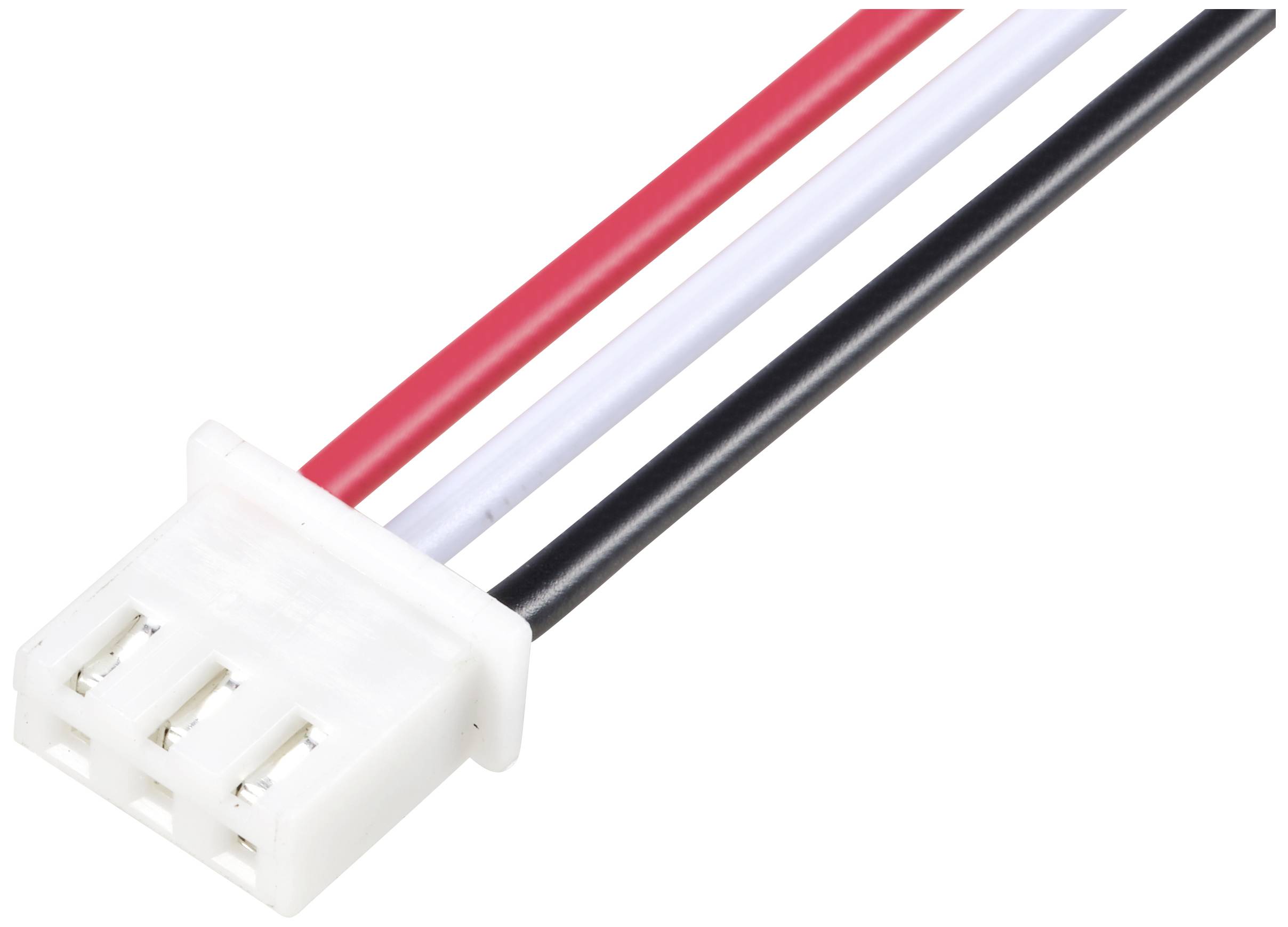 Un connecteur blanc tripolaire avec des câbles rouges, blancs et noirs qui en sortent.