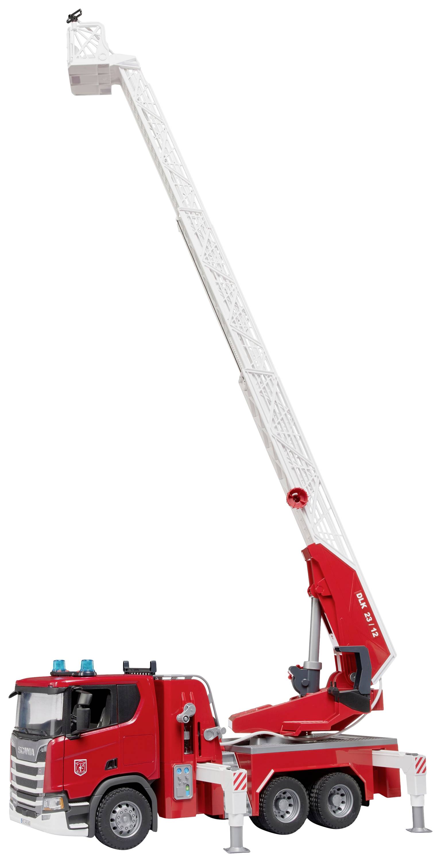 Véhicule de pompiers avec échelle pivotante télescopique en rouge et blanc, prêt pour des missions de sauvetage ; échelle complètement déployée.