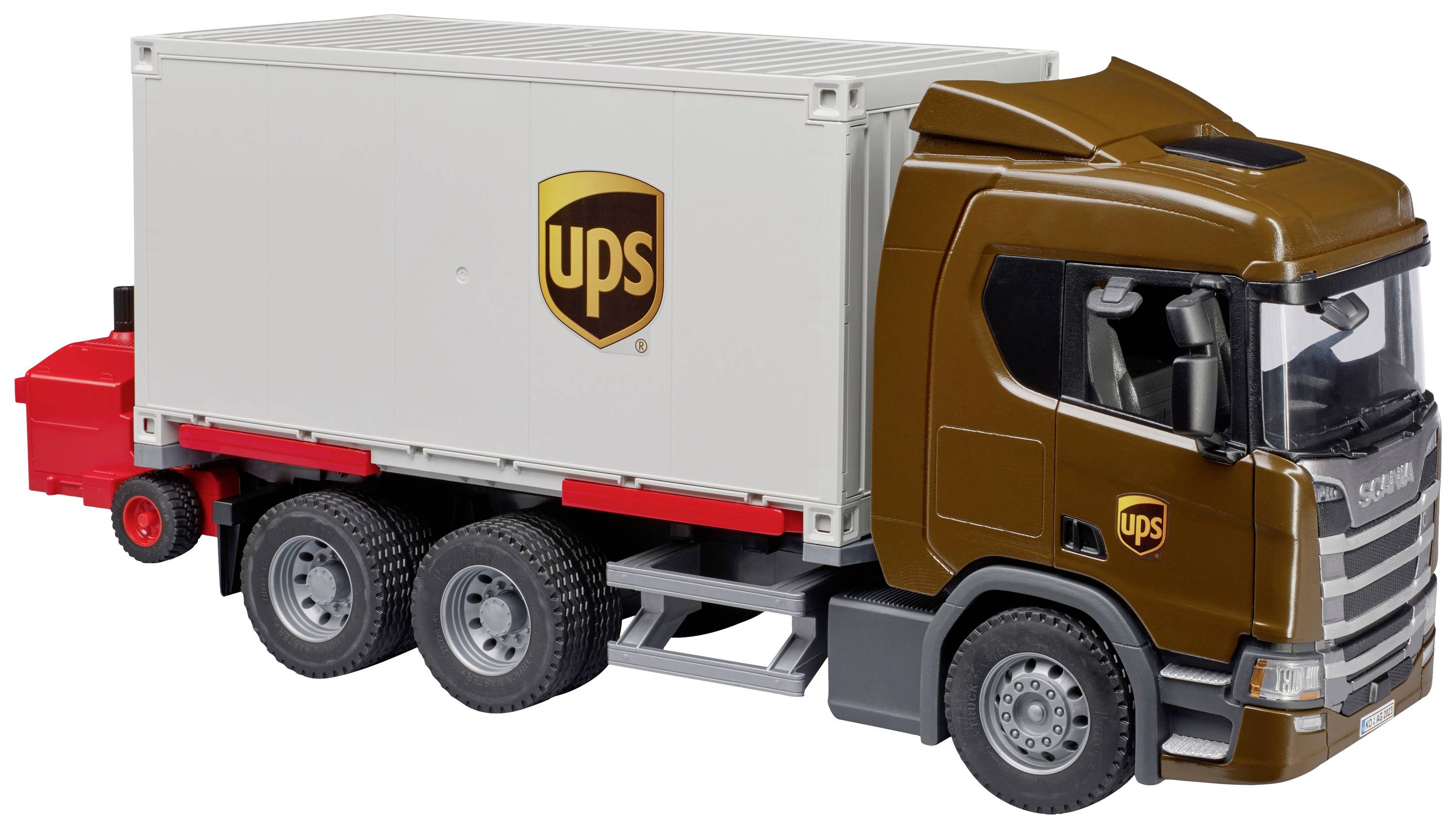 Modèle réduit d'un camion marron avec le logo 'UPS'. Le véhicule dispose d'un conteneur blanc et de six roues.