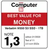 Récompense 'Computer Bild' : 'Meilleur rapport qualité-prix' pour le Verbatim Vi550 S3 SSD - 1To. Note 1,3, édition 21/2023, test de 11 SSD 2,5 pouces.