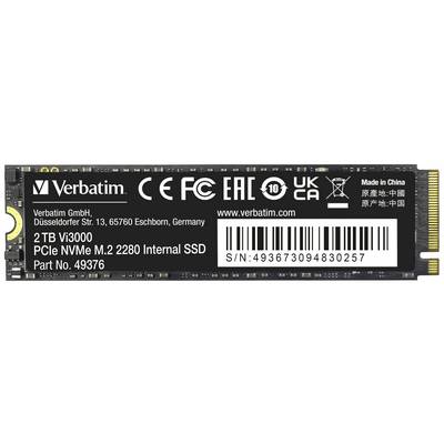 'Verbatim 2 To Vi3000 PCIe NVMe M.2 2280 SSD Interne, Référence 49376, fabriqué en Chine. Siège social à Eschborn, Allemagne.'