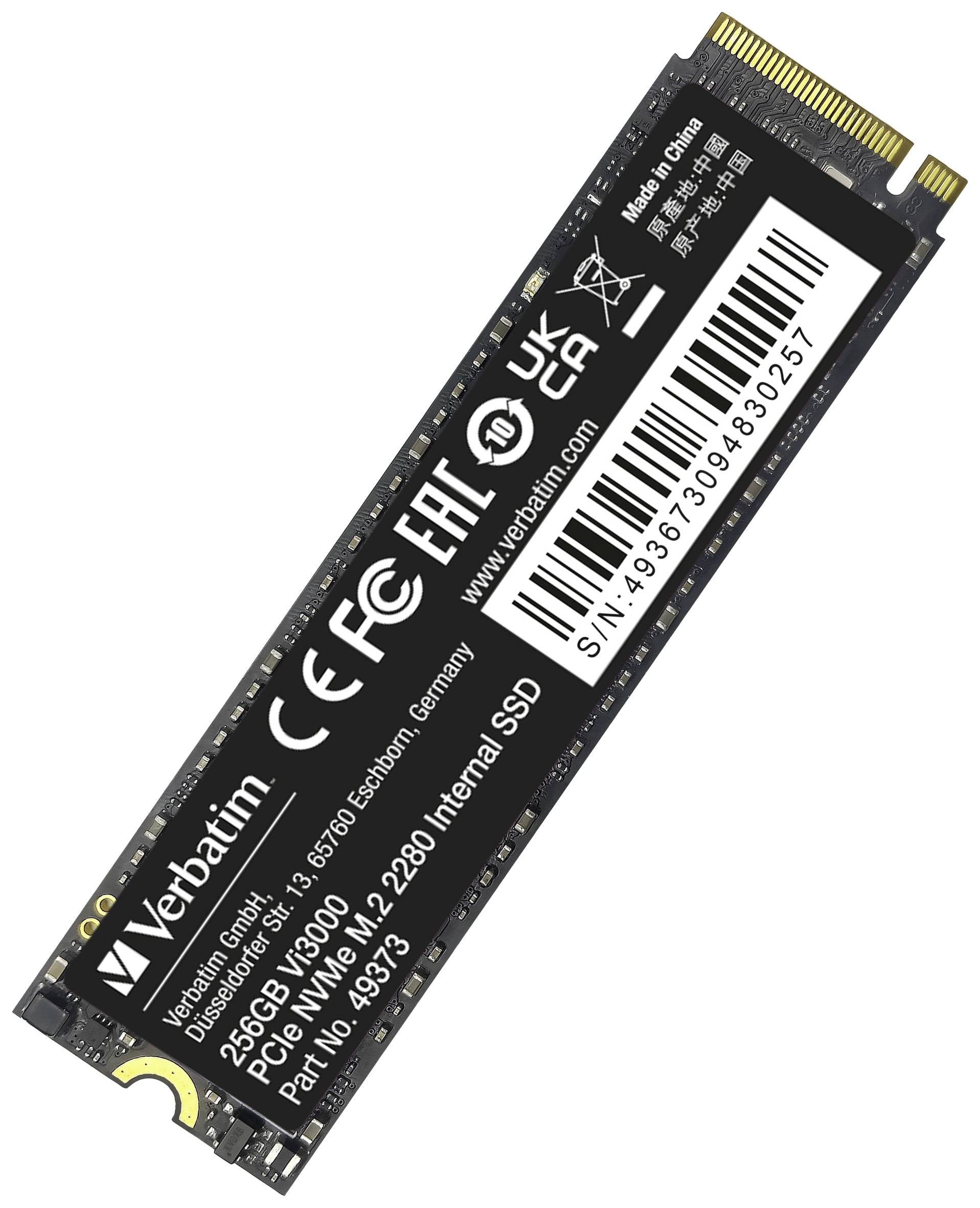 SSD interne Verbatim M.2 2280 de 256 Go, noir, avec étiquette indiquant les spécifications techniques et les certifications.