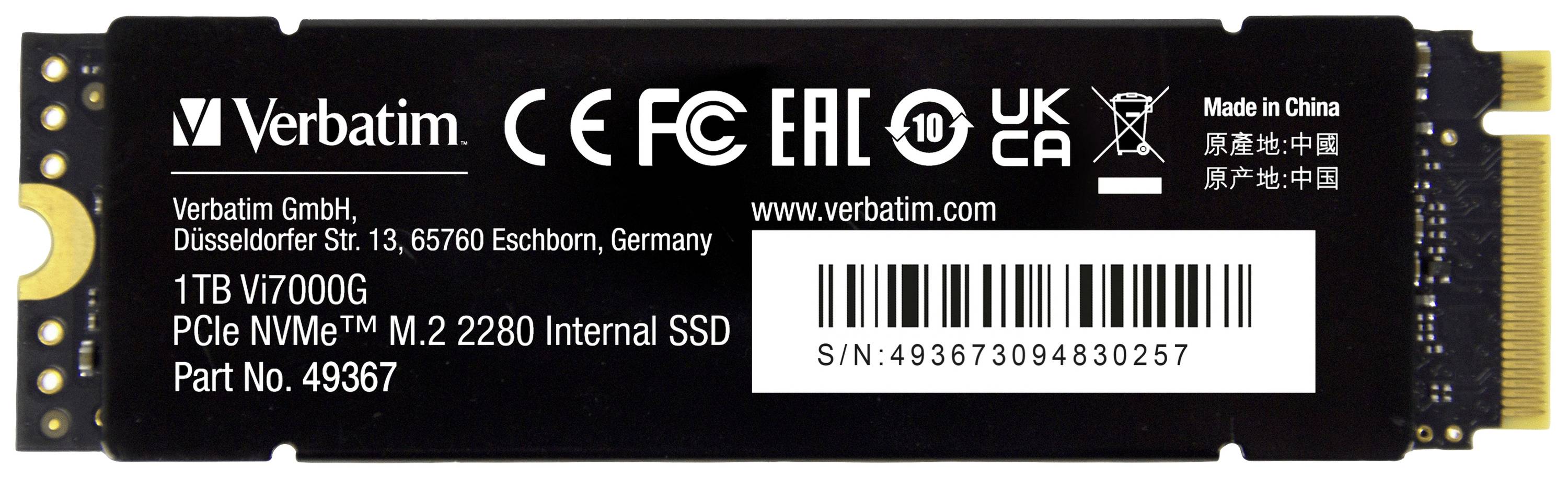 Un disque SSD interne Verbatim 1 To PCIe NVMe M.2 2280, modèle V7000G, fabriqué en Chine. Numéro de série : 493673094830257.