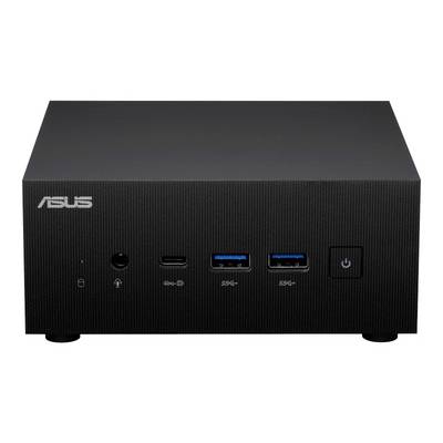 Un mini-PC noir d'ASUS avec plusieurs ports USB à l'avant. L'interrupteur marche/arrêt se trouve à droite.