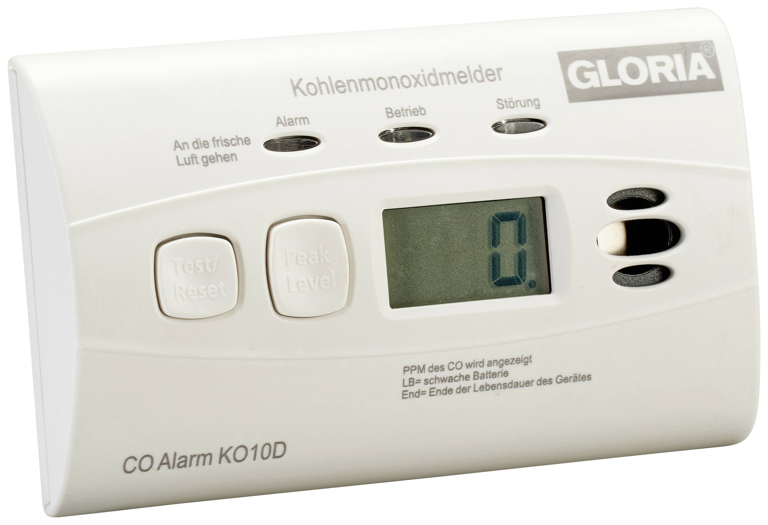 Détecteur de monoxyde de carbone avec affichage digital '0', touches et voyants lumineux pour mode alarme et dérangement. Marque Gloria visible.