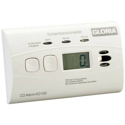 Détecteur de monoxyde de carbone avec affichage digital '0', touches et voyants lumineux pour mode alarme et dérangement. Marque Gloria visible.